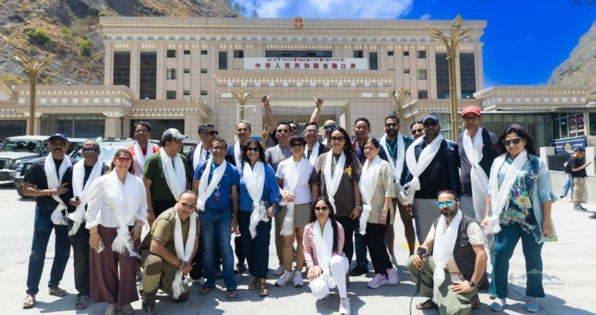 India to Tibet by road group waiting at border.