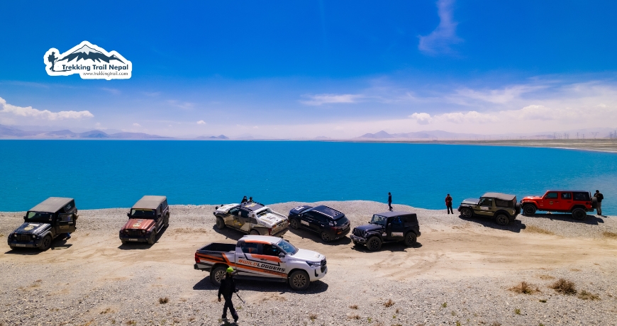 Convoy at blue piku lake tibet